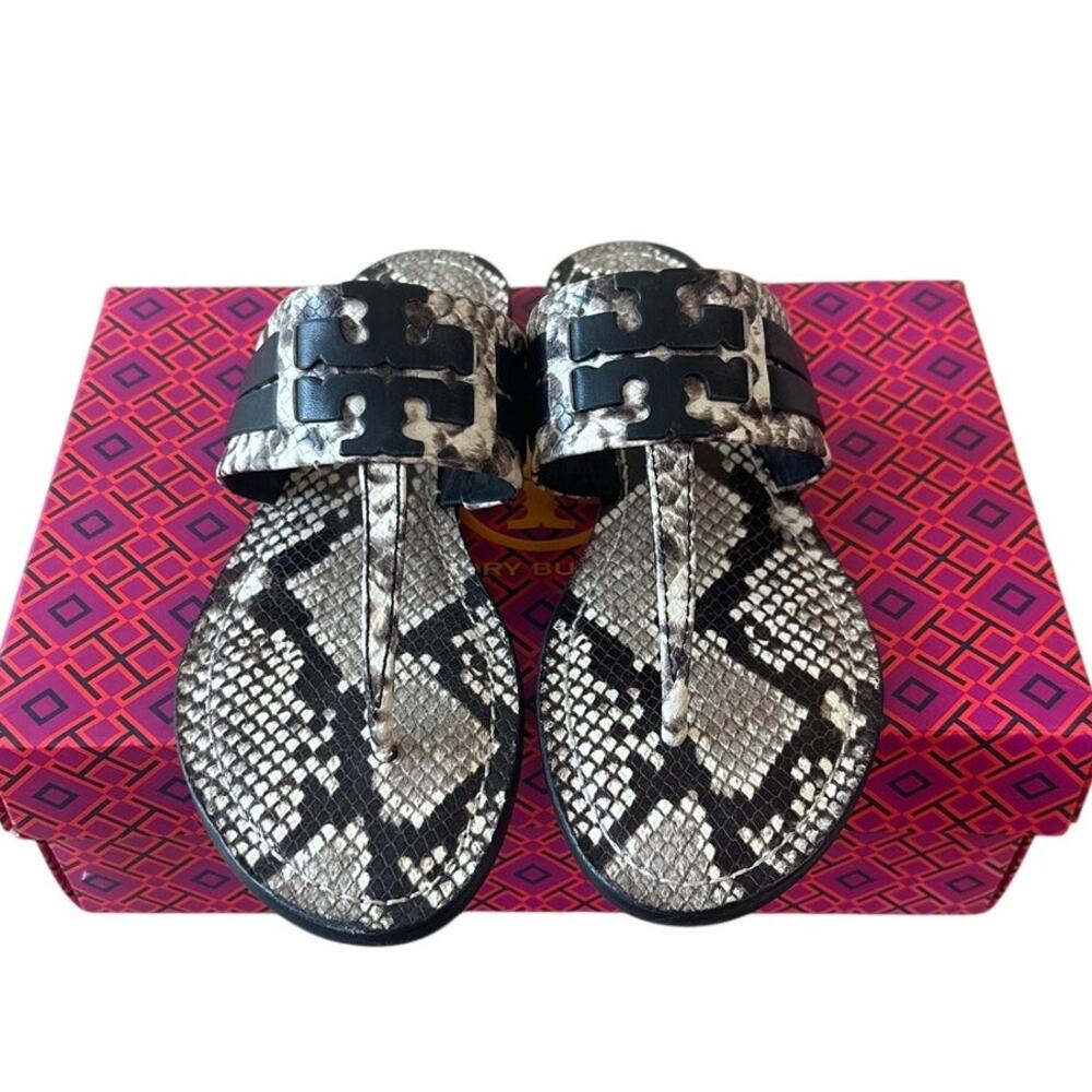 Tory Burch Leigh Thong Sandals 8.5 Roccia Snakeskin Black Logo